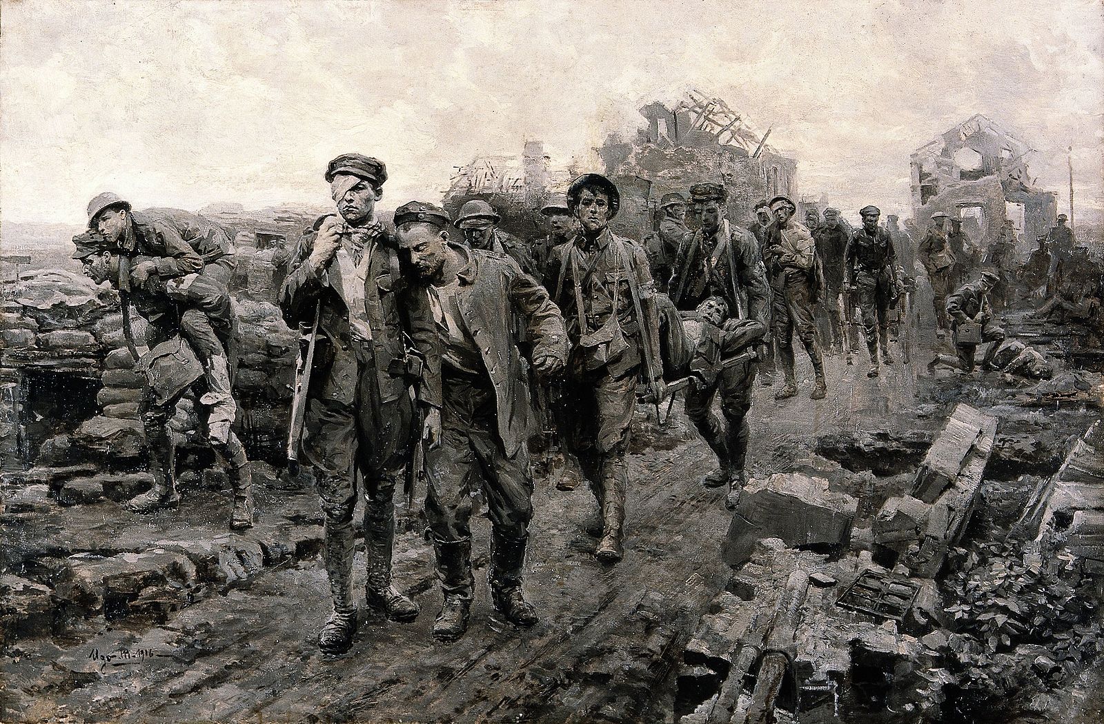 World_War_I;_transport_of_the_wounded._Oil_painting_by_Ugo_M_Wellcome_V0018185